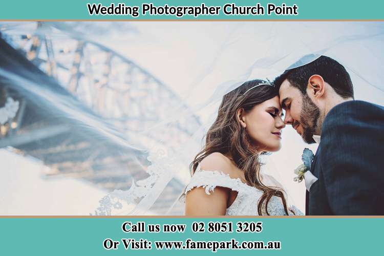 Close up photo of the Bride and the Groom under the bridge Church Point NSW 2105