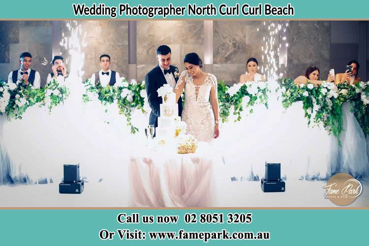 Photo of the Groom and the Bride slicing the cake North Curl Curl Beach NSW 2099